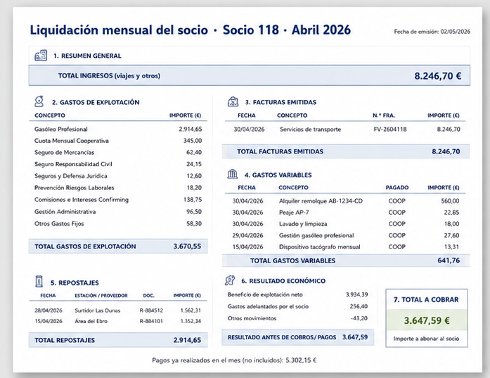 Mockup de PDF de liquidación de socio (página 1)